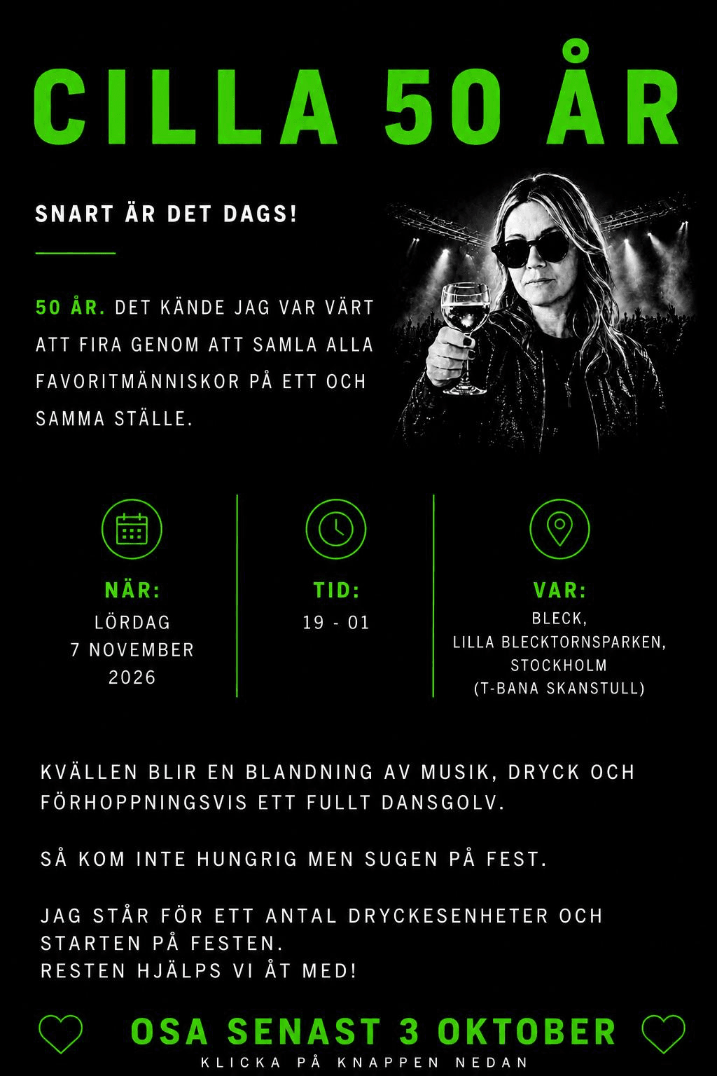 Cilla 50 — Save the date, 7 November 2026, Bleck Stockholm